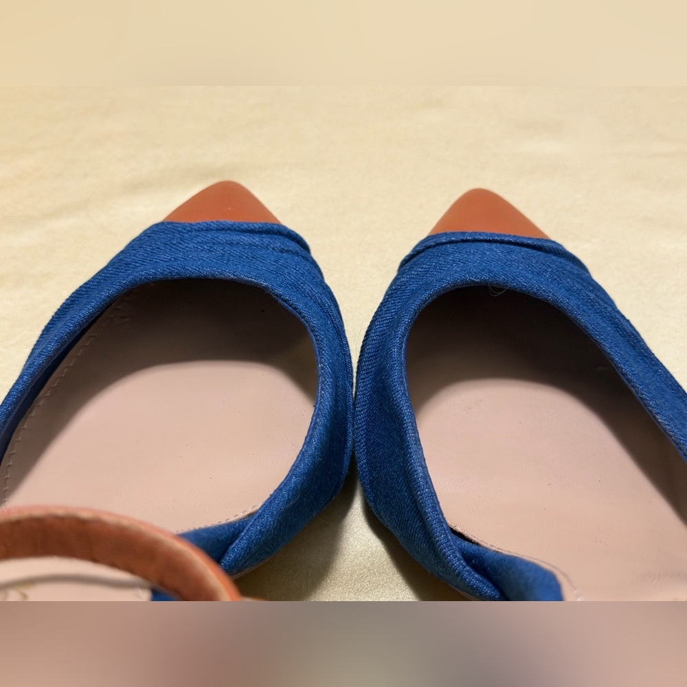 ShoeDazzle Brionna Denim Pointed Toe With Cap Ankle Strap Stiletto Heels Size 10 - Picture 7 of 9